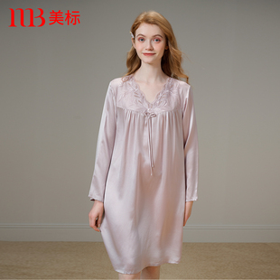 美标新款长袖重磅真丝睡裙女春秋桑蚕丝睡衣丝绸复古蕾丝家居服冬