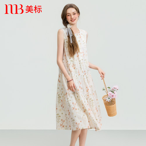 美标纯棉贡缎印花夏季无袖长睡裙