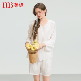 套装 美标春夏新款 短裤 刺绣九分袖 甜美仙女提花家居服 睡衣女新中式