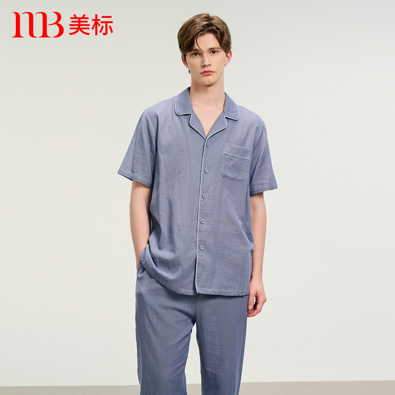 美标春夏纯棉短袖睡衣男士梭织双层棉纱绣花薄款全棉可外穿家居服,女士内衣/男士内衣/家居服,睡衣/家居服套装,淘宝优惠券,粉丝福利购,淘宝优惠卷