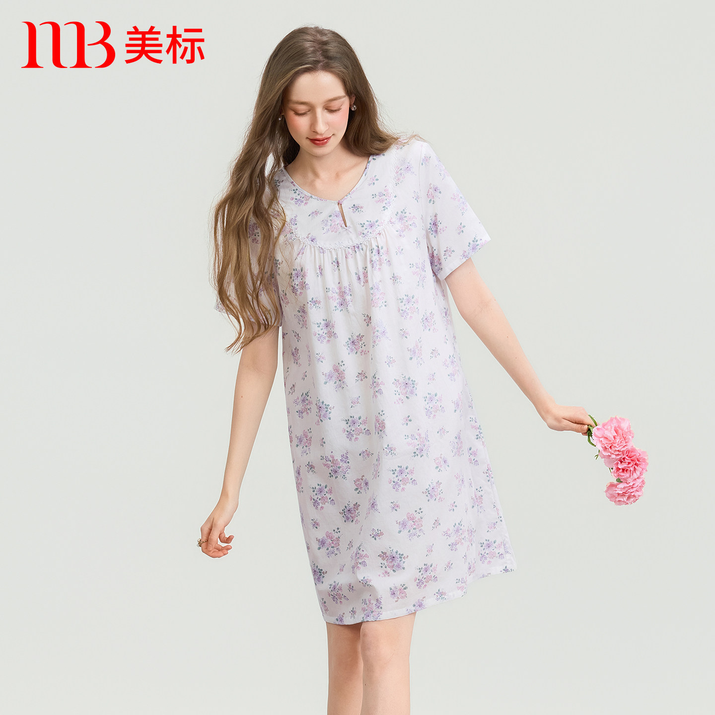 美标新款短袖纯棉睡裙女夏薄款甜美印花可外穿睡衣全棉贡缎家居服