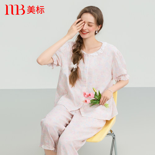 美标女士纯棉双层棉纱短袖睡衣