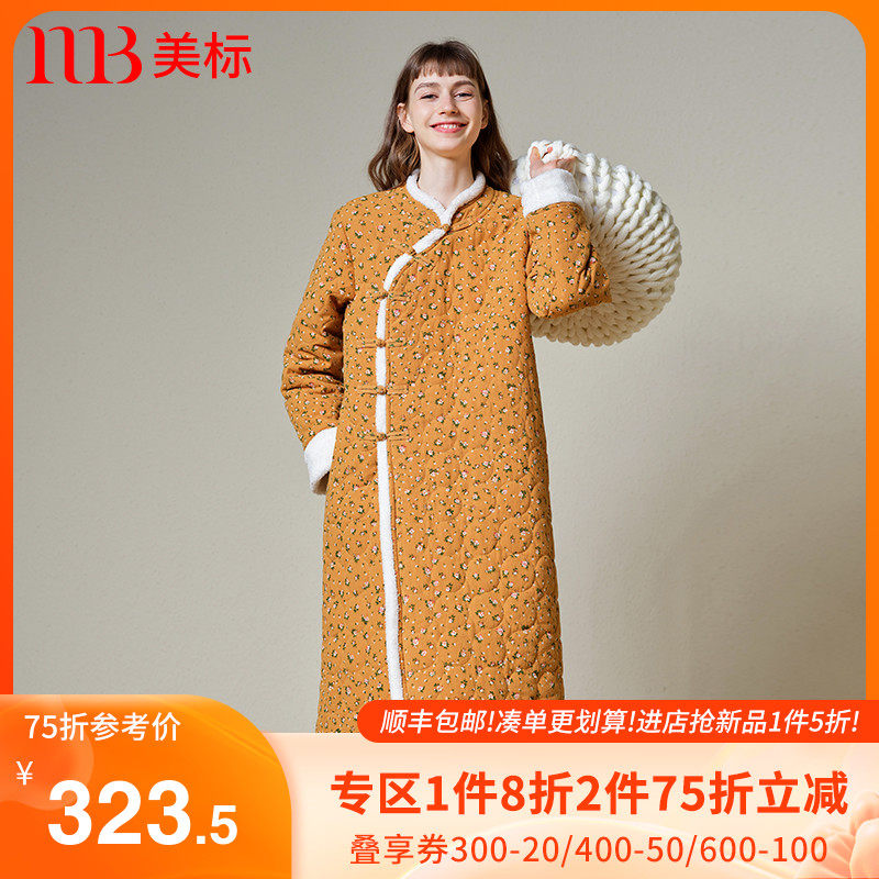 美标纯棉睡袍女秋冬三层加厚夹棉睡衣浴袍复古中国风全棉质家居服