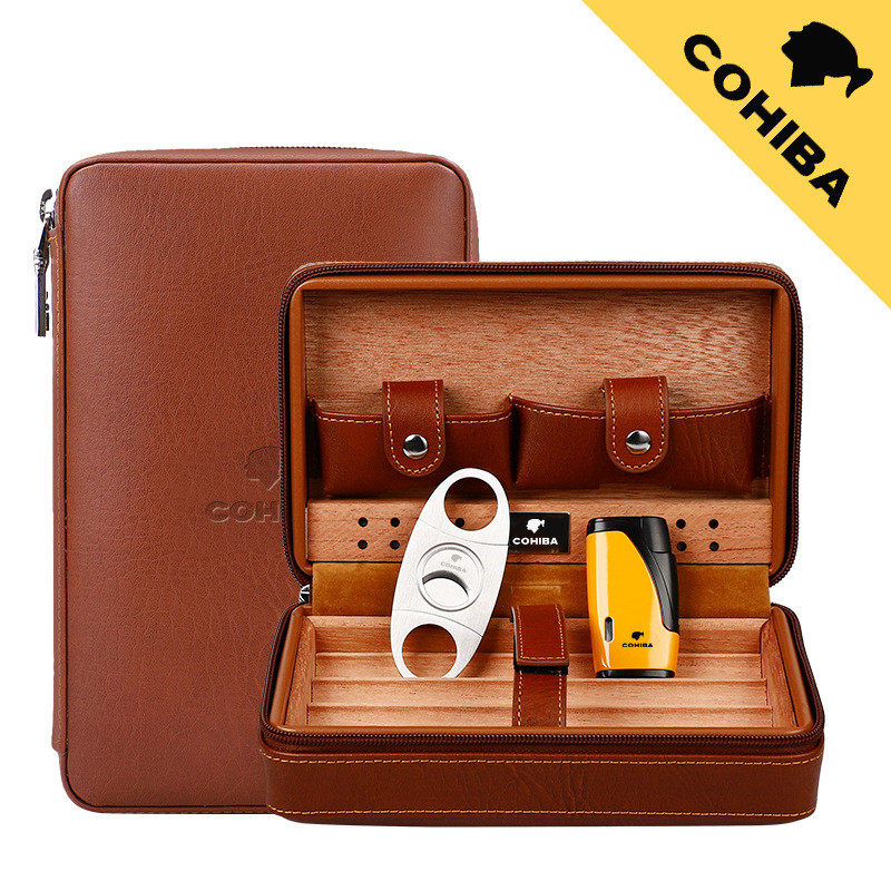 COHIBA高希霸雪茄烟保湿盒真皮雪松木便携打火机雪茄剪刀旅行套装