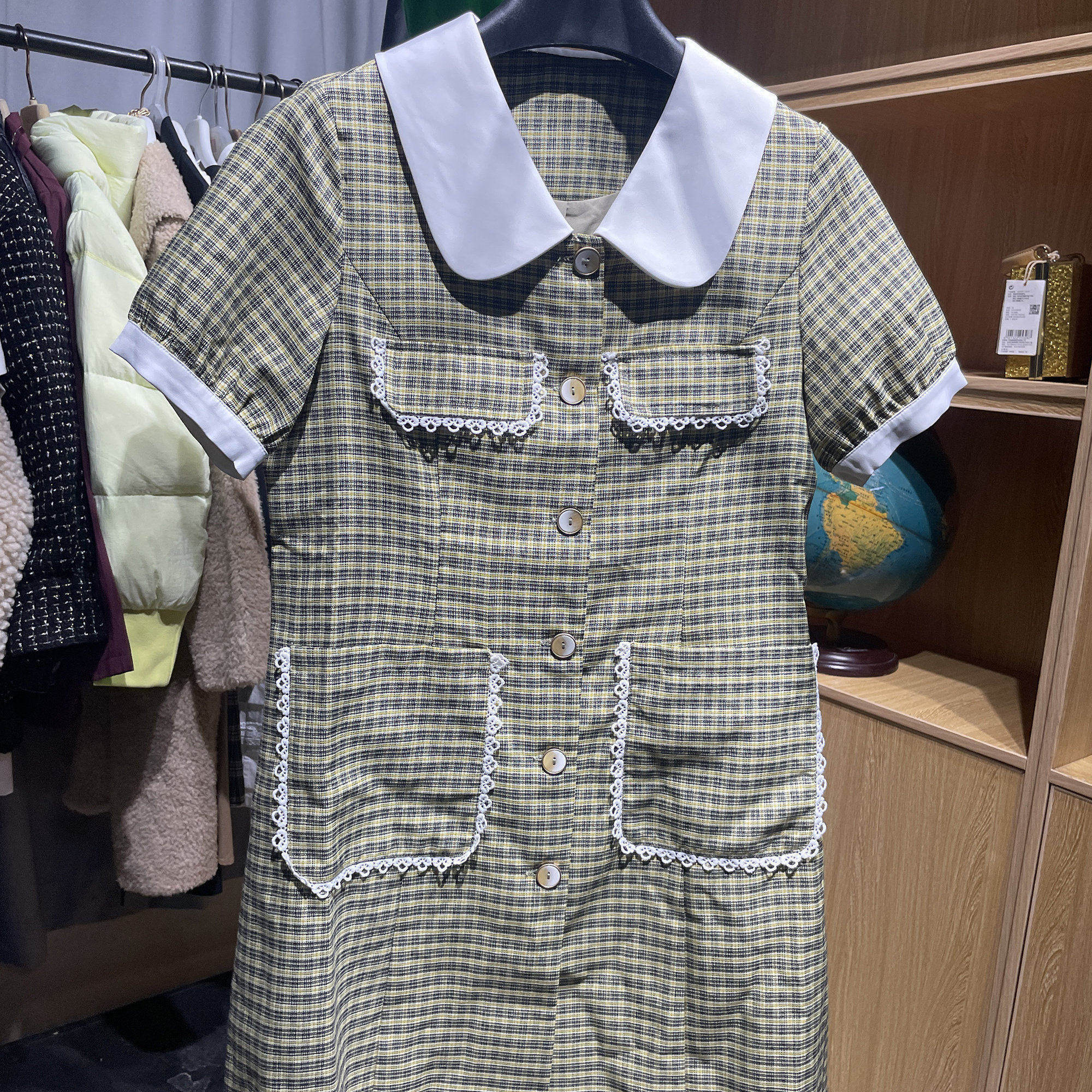 [五]兰米特卖夏季新款法式格子连衣裙女复古单排扣撞色翻领短裙