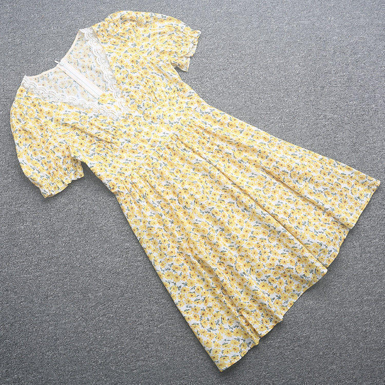 [五]兰米特卖小雏菊印花碎花泡泡袖短袖v领连衣裙夏季2RA2087800