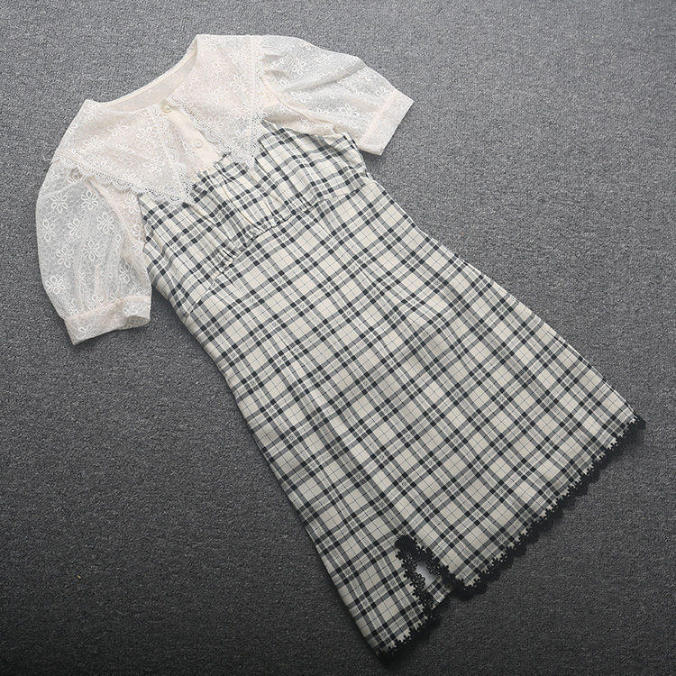 [五]兰米特卖夏季新款女装复古黑白格纹连衣裙收腰中长款裙子套装