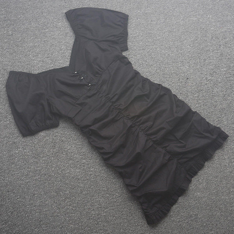 [五]兰米特卖新款女夏装法式V领连衣裙女泡泡袖褶皱荷叶短裙子