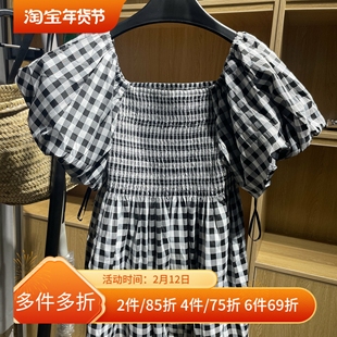 [五]兰米特卖女夏装复古格子一字肩衬衫女灯笼袖打揽娃娃衫