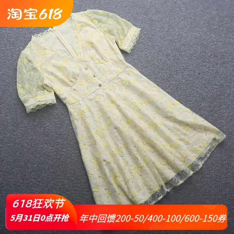 [五]兰米特卖夏季新款女装碎花v领蕾丝连衣裙温柔风甜美收腰显瘦