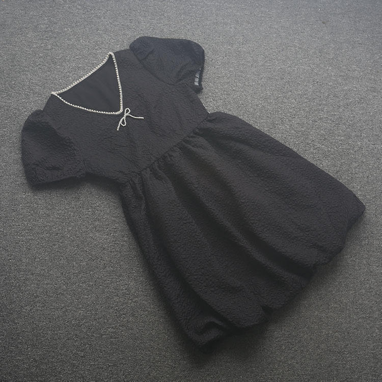 [五]兰米特卖夏季新款女装显高小个子高腰V领法式泡泡短袖连衣裙