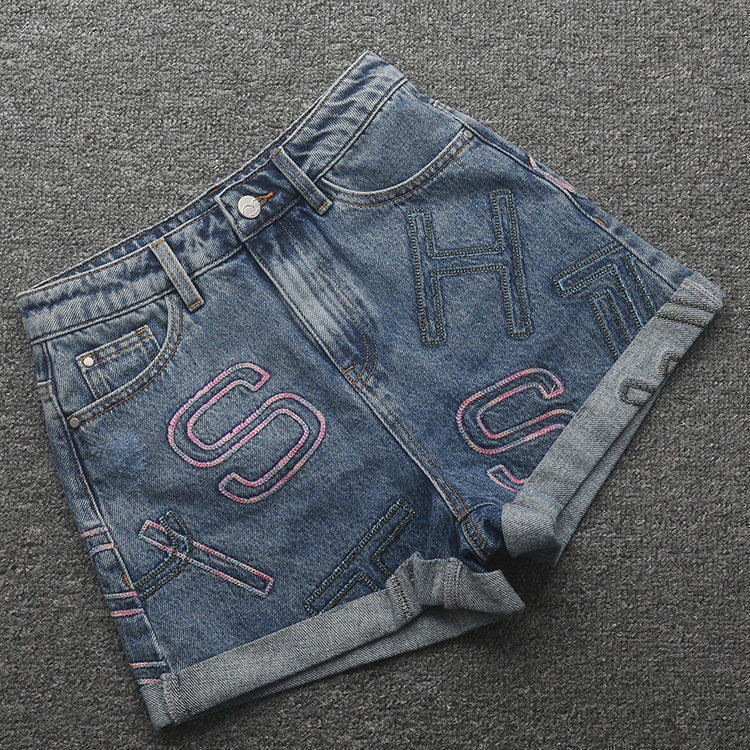 [五]兰米特卖夏季新款女装高腰卷边字母热裤修身显瘦百搭牛仔短裤