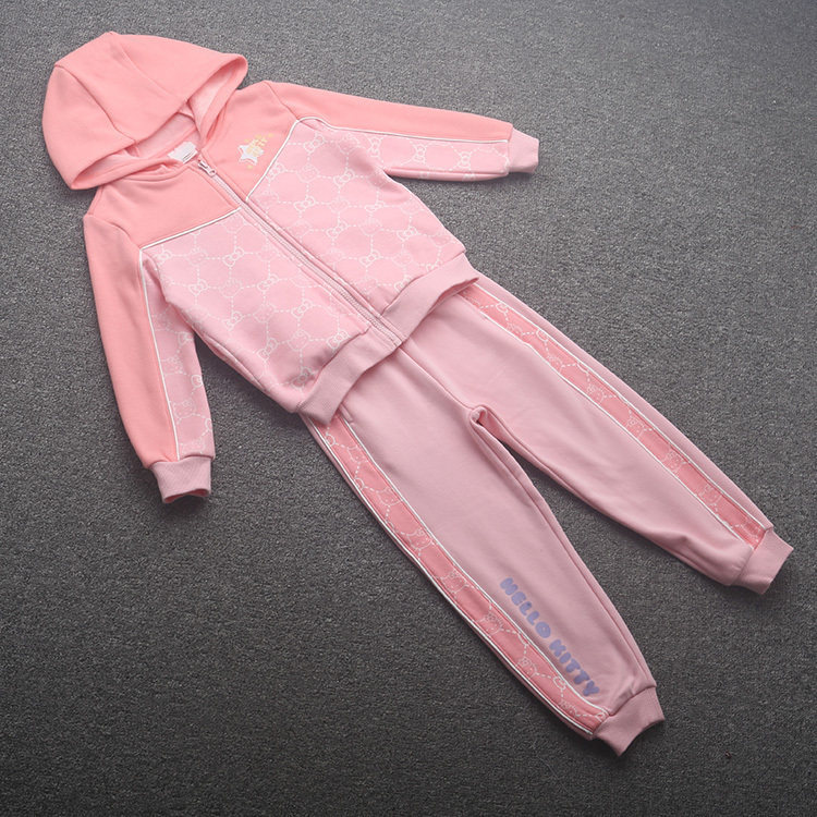 [凯]兰米特卖女童针织运动套装蝴蝶结满印加绒保暖连帽卫衣裤子