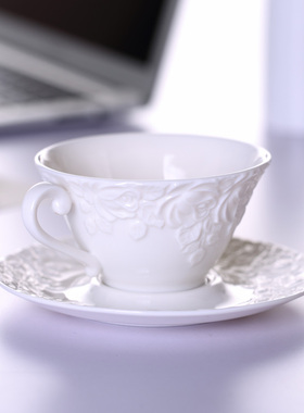 欧式纯色白色玫瑰浮雕陶瓷咖啡杯碟子套装下午茶奶茶杯230ML奢华