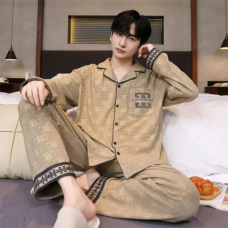 秋厚款德绒睡衣男式长袖开衫套装