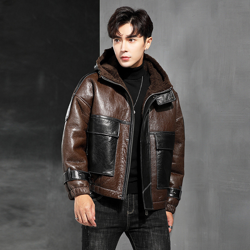 进口原生态皮毛一体男真皮皮衣短款连帽夹克冬季新款宽松皮草