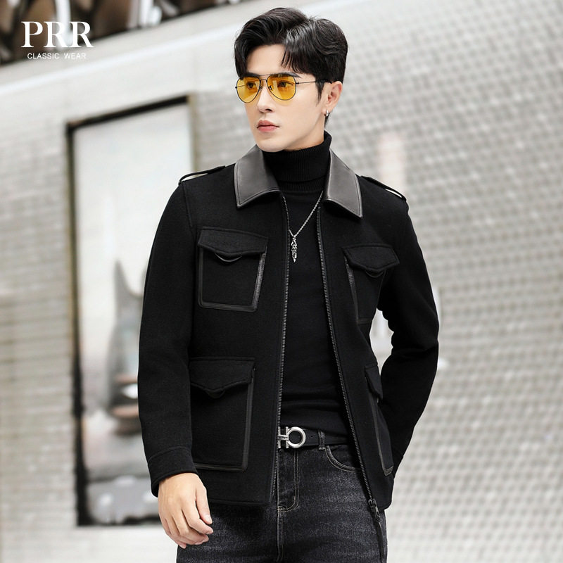 秋冬新款羊绒大衣男士短款翻领夹克真皮皮衣休闲时尚羊毛呢子