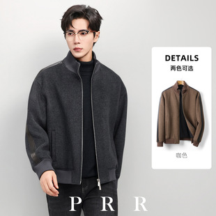 美式休闲秋冬新款羊毛呢子夹克外套针织立领双面呢短款羊绒大衣男