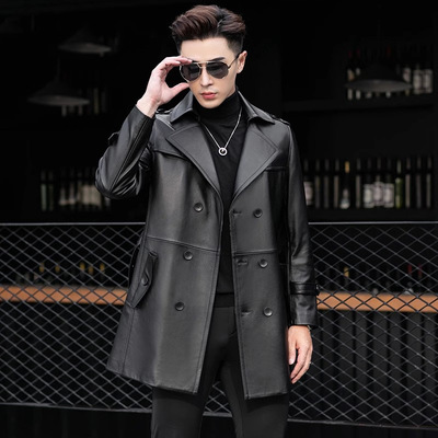 春秋新款海宁头层牛皮皮衣男真皮风衣西装领中长款皮大衣夹克