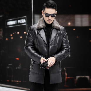 新款冬季真皮皮衣羽绒服男装中长款大衣可脱卸水貂毛翻领大码