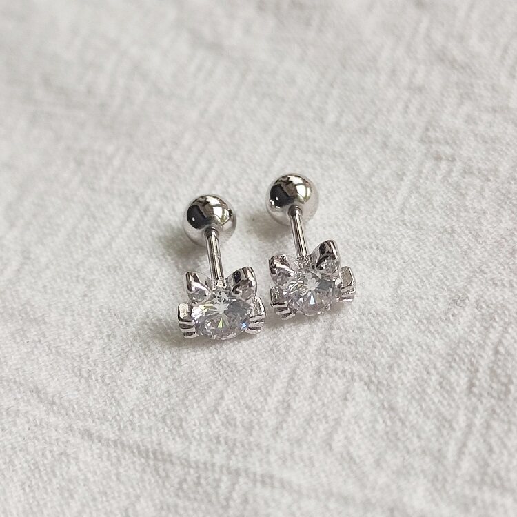 猫咪锆石925纯银螺丝耳钉时尚