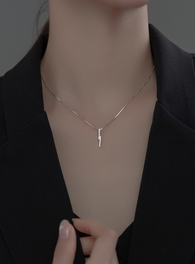 一字镶钻925纯银项链女日韩版时尚简约冷淡风短款颈链盒子链饰品