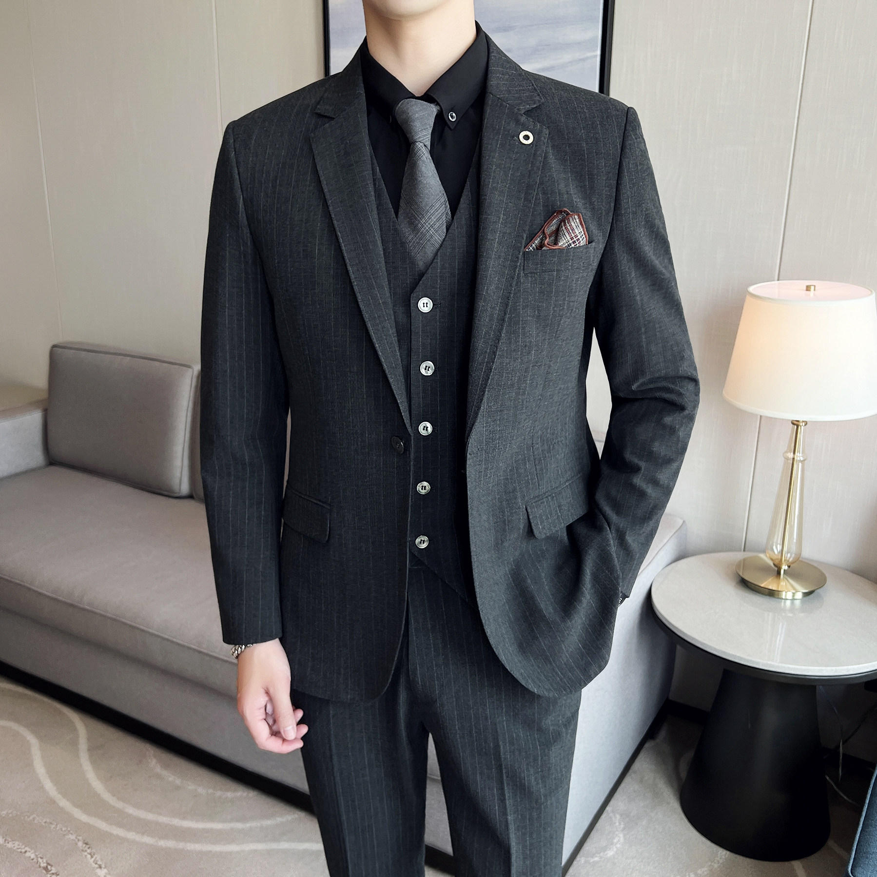 男士结婚单扣西服套装竖条纹面料西服新郎西服SJT003/P310,男装西服套装,电商A428