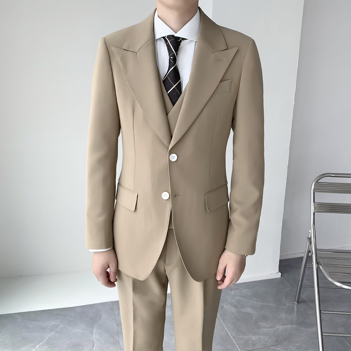 绅士挺括顺滑修身男士双扣西服经典卡其西装套装XZ819/P310,男装西服套装,电商A428