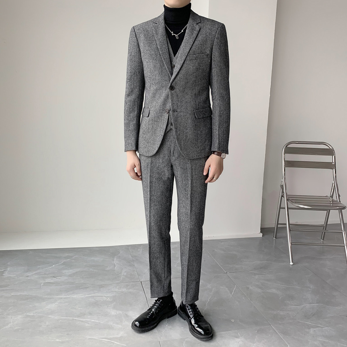御寒挺括男士羊毛人字斜面料修身双扣西服套装XZ166/P310,男装西服套装,电商A428