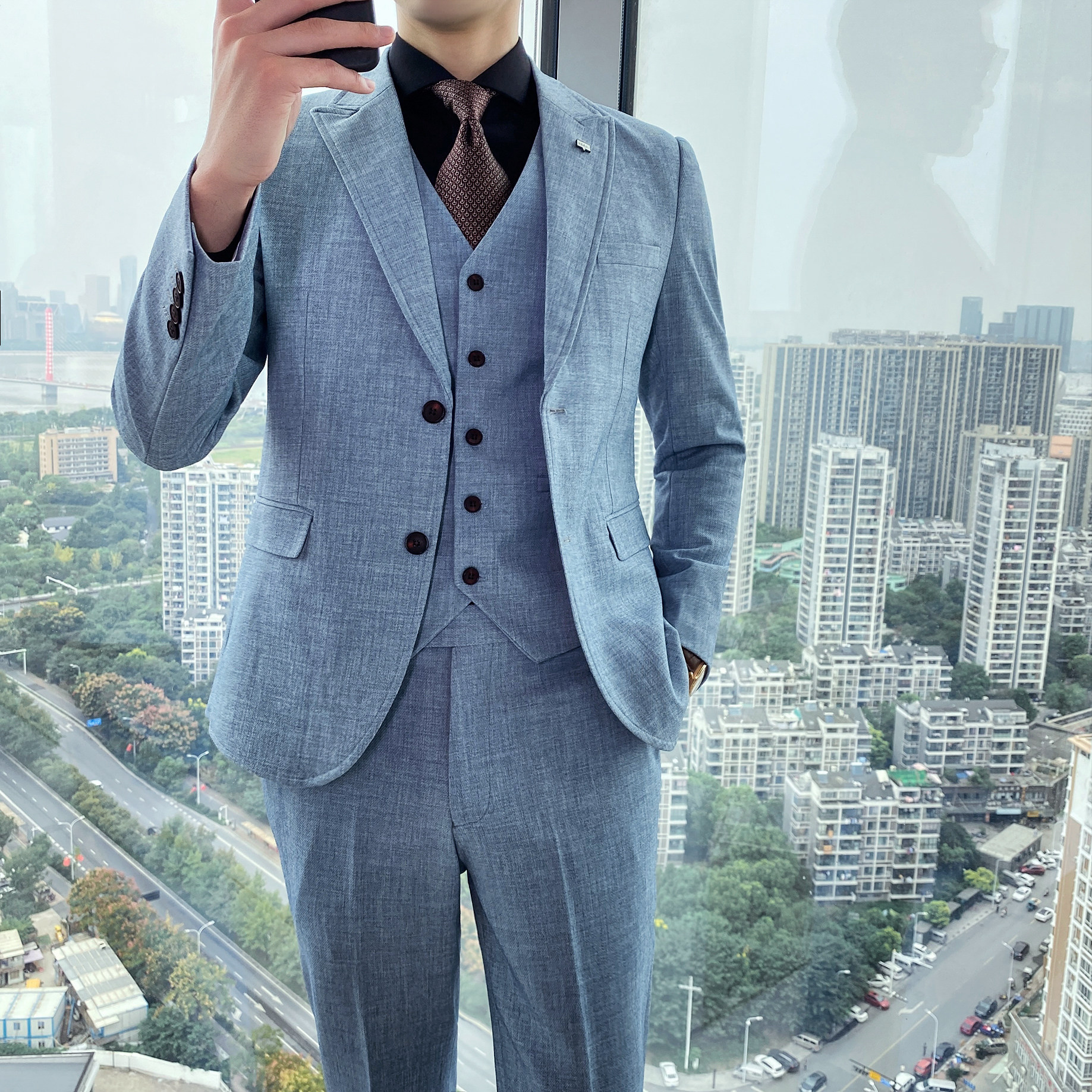 清爽简洁弹力面料修身百搭两扣西服套装工作服XZ143/P290,男装西服套装,电商A428