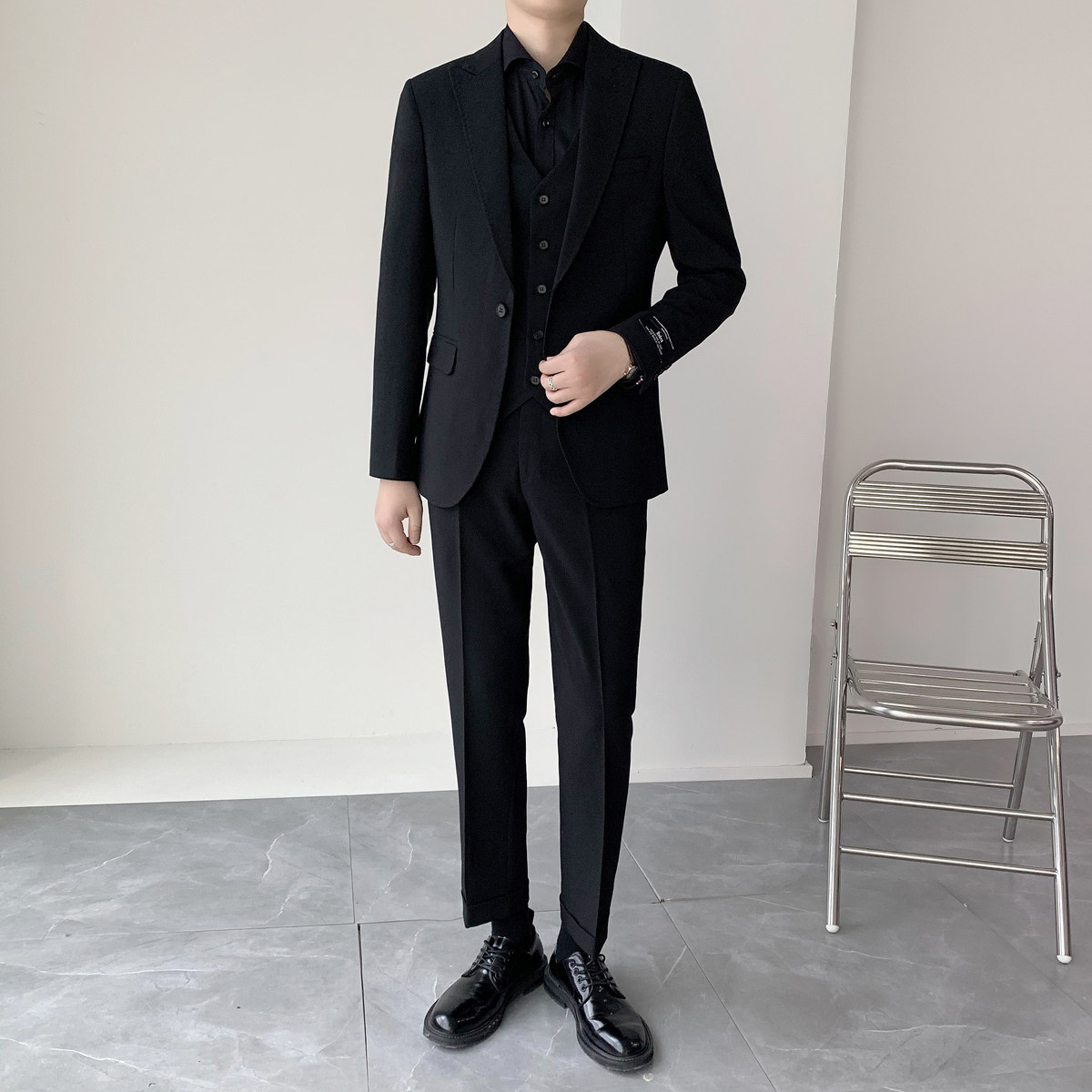 绅士挺括顺滑面料男士珠边单扣黑色西服纯色西装套装XZ825/P310,男装西服套装,电商A428