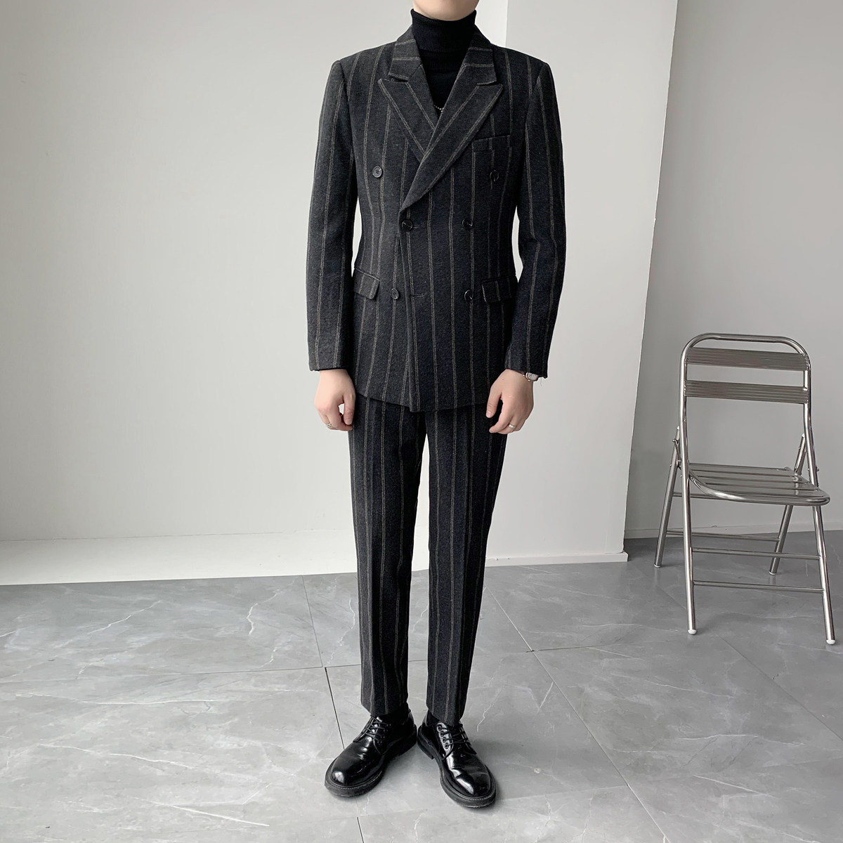 男士羊毛加厚修身双排扣西服套装复古条纹西装套装XZ505/P290,男装西服套装,电商A428