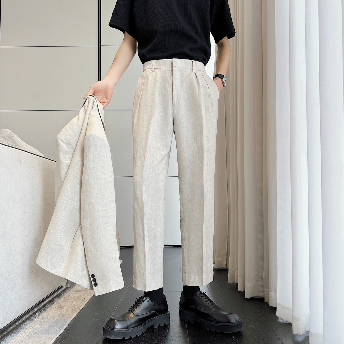 男士凉爽麻料裤子腰带松紧宽松休闲裤K604/P75，男装休闲裤，电商A428