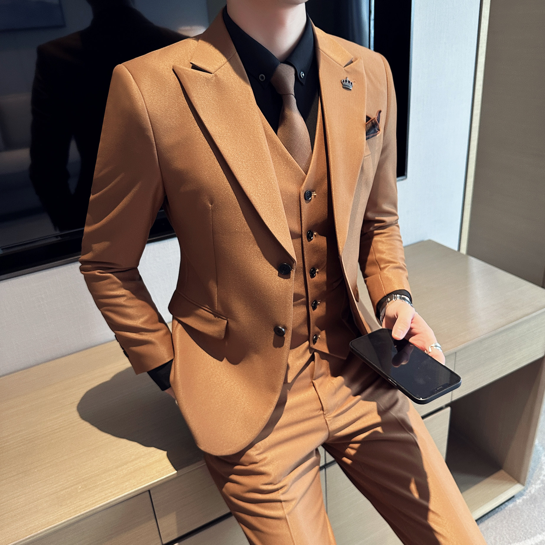修身双扣西服套装三色弹力西服职业套装新郎西装A8906/P285,男装西服套装,电商A428