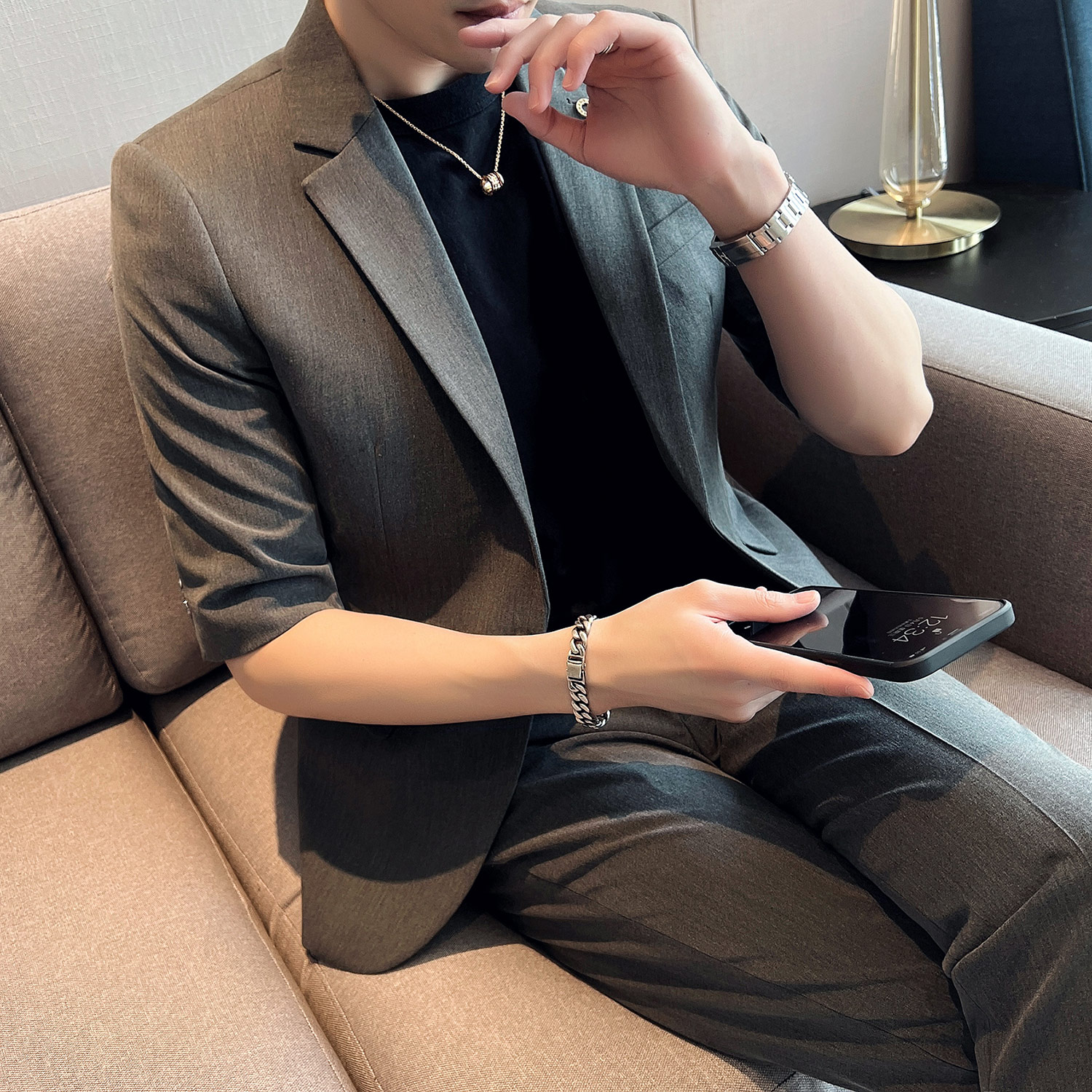男士清爽中袖西装套装修身男七分袖西服套装结婚西装ZX001/P150特,男装西服套装,电商A428