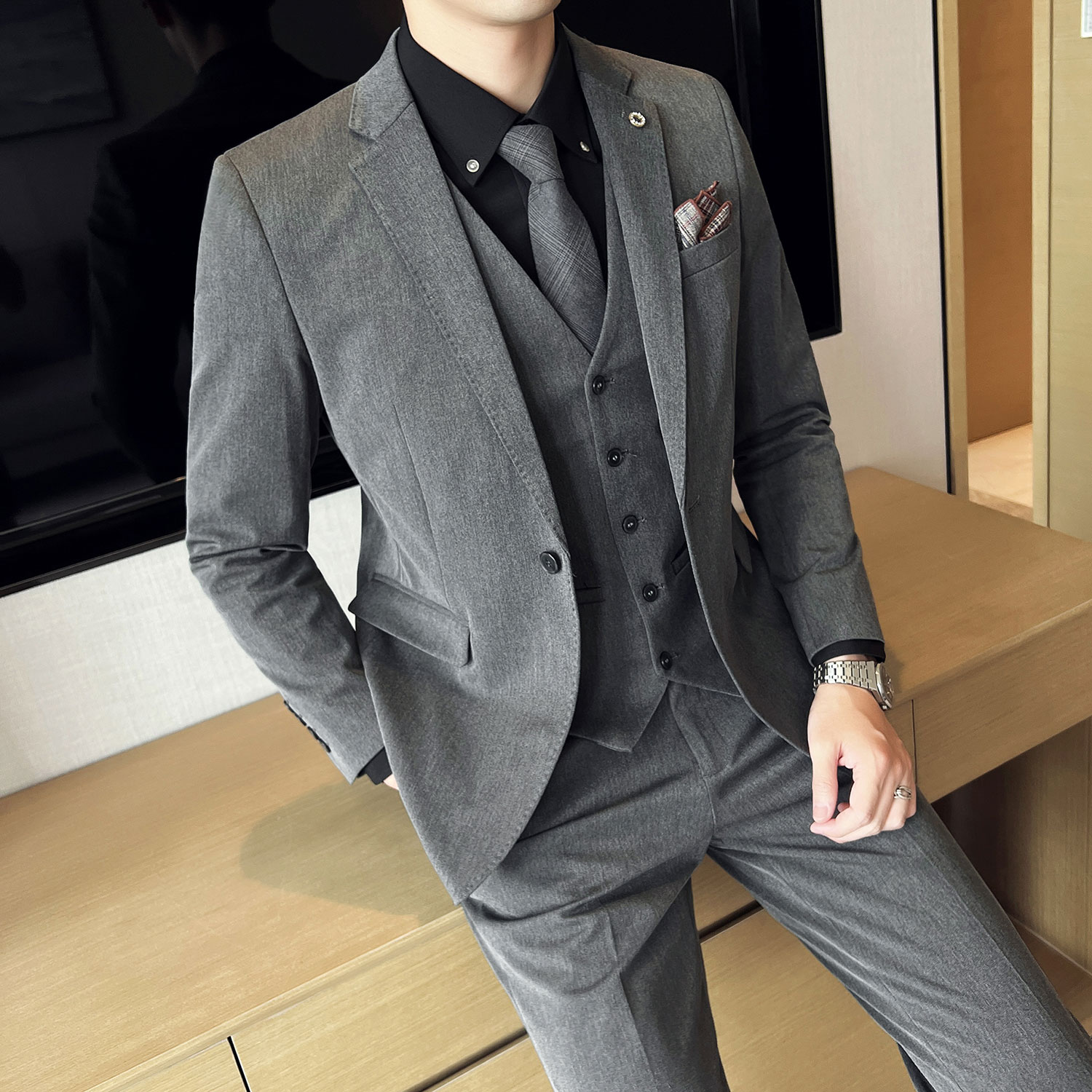 时尚修身弹力面料男士单扣西装套装新郎伴郎西服SJT008/P270,男装西服套装,电商A428