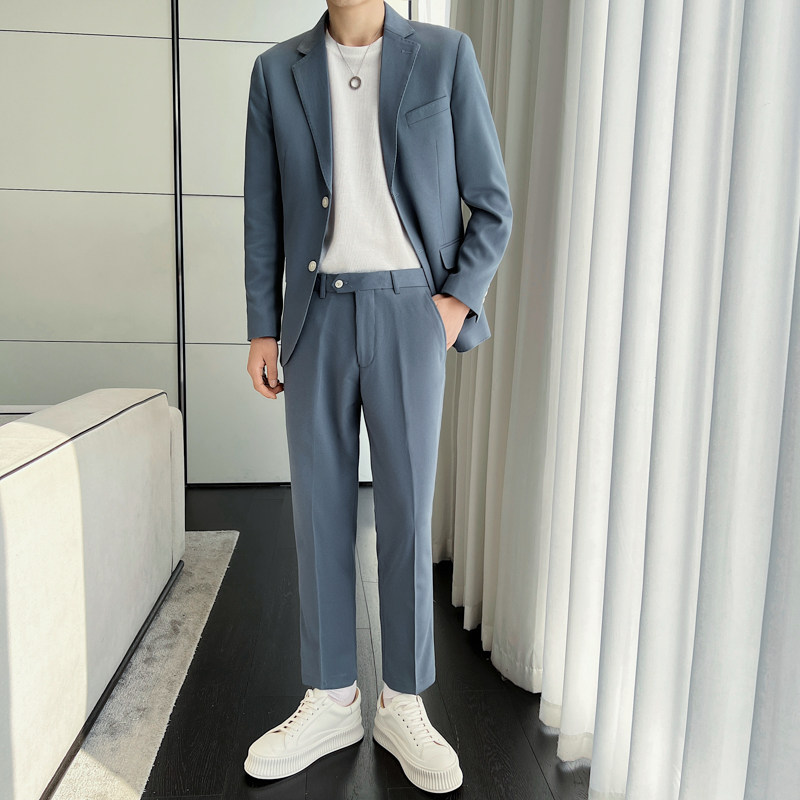 清爽两件套西服套装男士修身休闲橄榄绿套装LJT213/P240,男装西服套装,电商A428