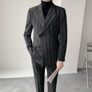 男士羊毛加厚修身双排扣西服套装  复古条纹西装套装 XZ505/P290图片