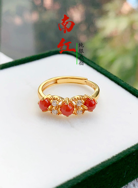 天然南红戒指女s925银镶满肉南红玛瑙戒指柿子红真货可出鉴定