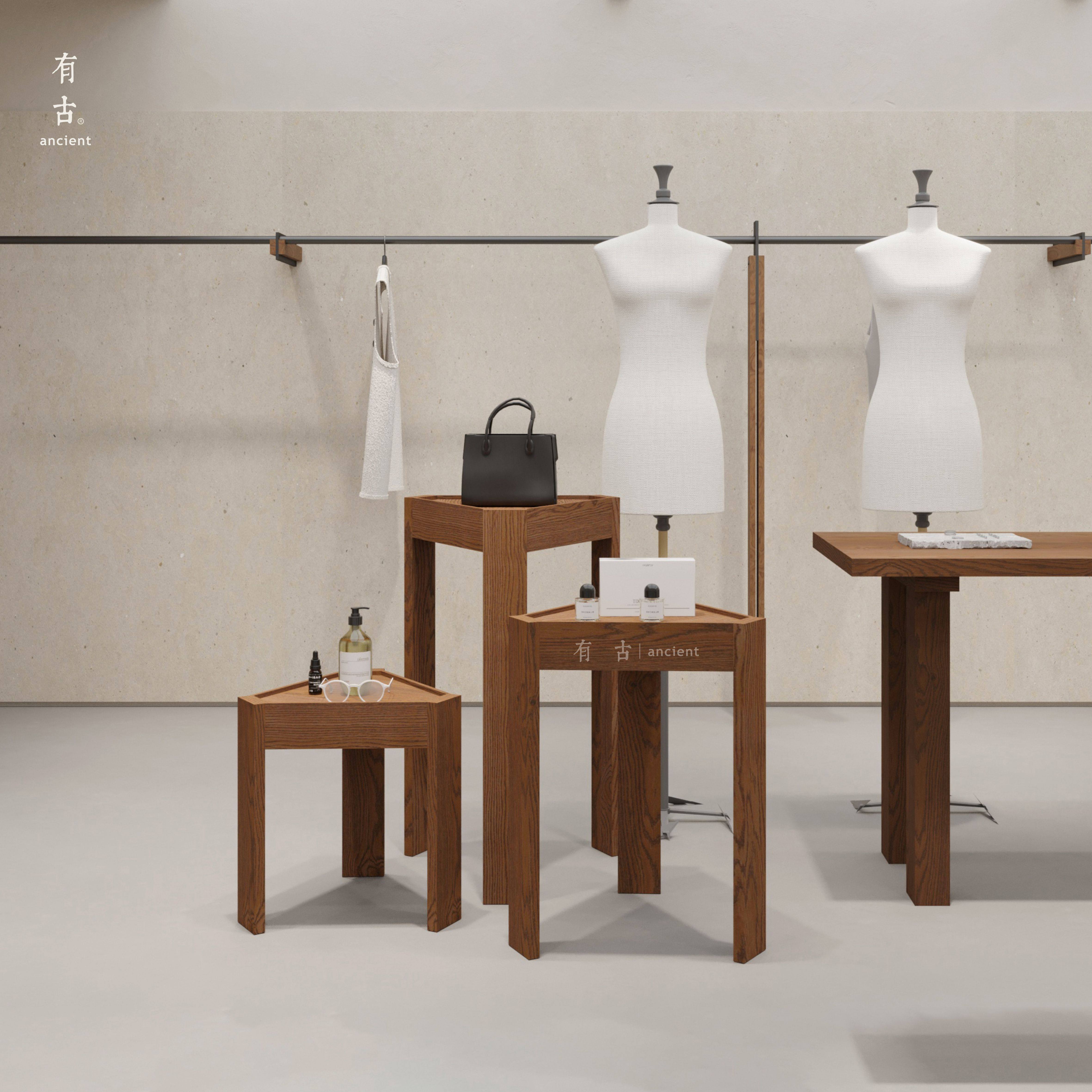 服装店高低木墩展示架落地式鞋包包中岛组合置物架木质摆台流水架图片