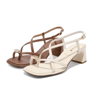 百丽一字带凉鞋女2024夏季新款鞋子粗高跟法式缠绕带凉鞋3CP30BL4