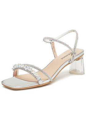 天美意一字带粗跟凉鞋女鞋子2024夏季新款高跟鞋时装凉鞋KI002BL4