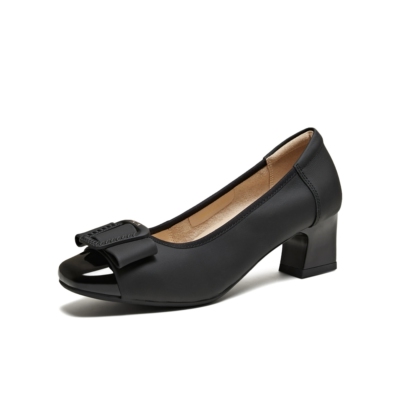 他她浅口羊皮百搭黑色粗中跟女鞋