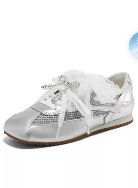 百丽网面透气芭蕾银色德训鞋女鞋2025夏季新款运动休闲鞋3VVE8BM5