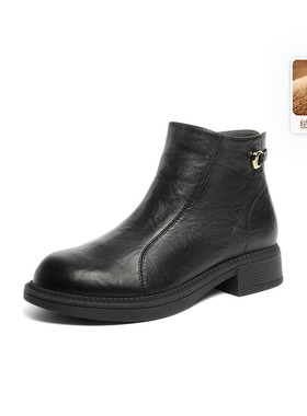 百丽羊皮粗跟短靴女鞋子2025冬新款显瘦弹力时装靴E4Y1  E4Y1DDD5