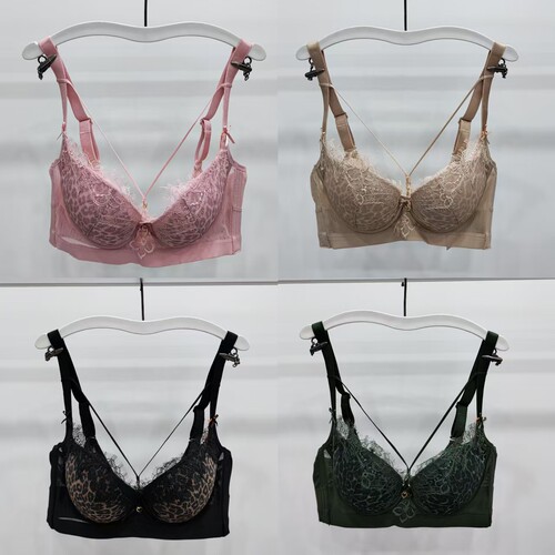 中厚性感豹纹蕾丝美胸带女士内衣B杯无钢圈聚拢上托收副乳文胸罩