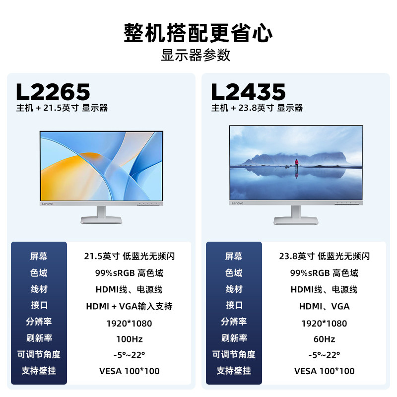 【搭配天逸510】联想21.5英寸/23.8英寸IPS显示器 家用办公显示器