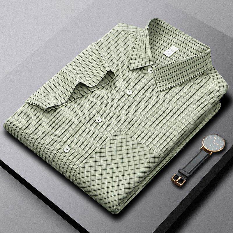 保罗正品欧美跨境直供男式短袖翻领衬衫中青年夏季商务休闲格子阔