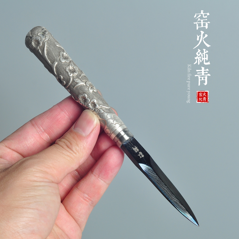 高端收藏龙泉江龙茶刀手工陨铁纯银雕刻普洱茶针撬砖茶非大马士革