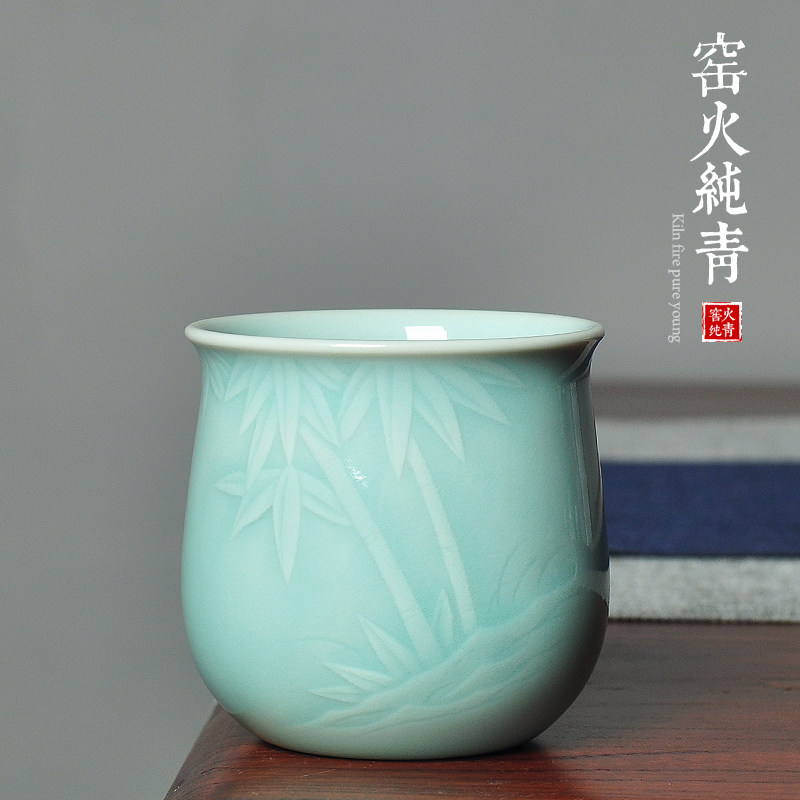 雷慧仙青瓷品茗杯弟窑粉青大号主人杯节节高升浮雕竹子杯普洱茶杯